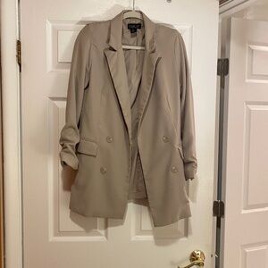Rachel Zoe Tan Long Blazer Scrunch Sleeves Angled Panels - Size Small S